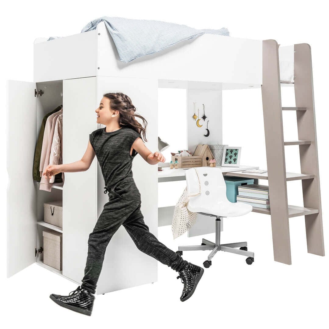 Letto a castello per bambini/adolescenti con scrivania, scaffale e armadio integrati om TO 01 Bianco, 90 x 200 cm (3)