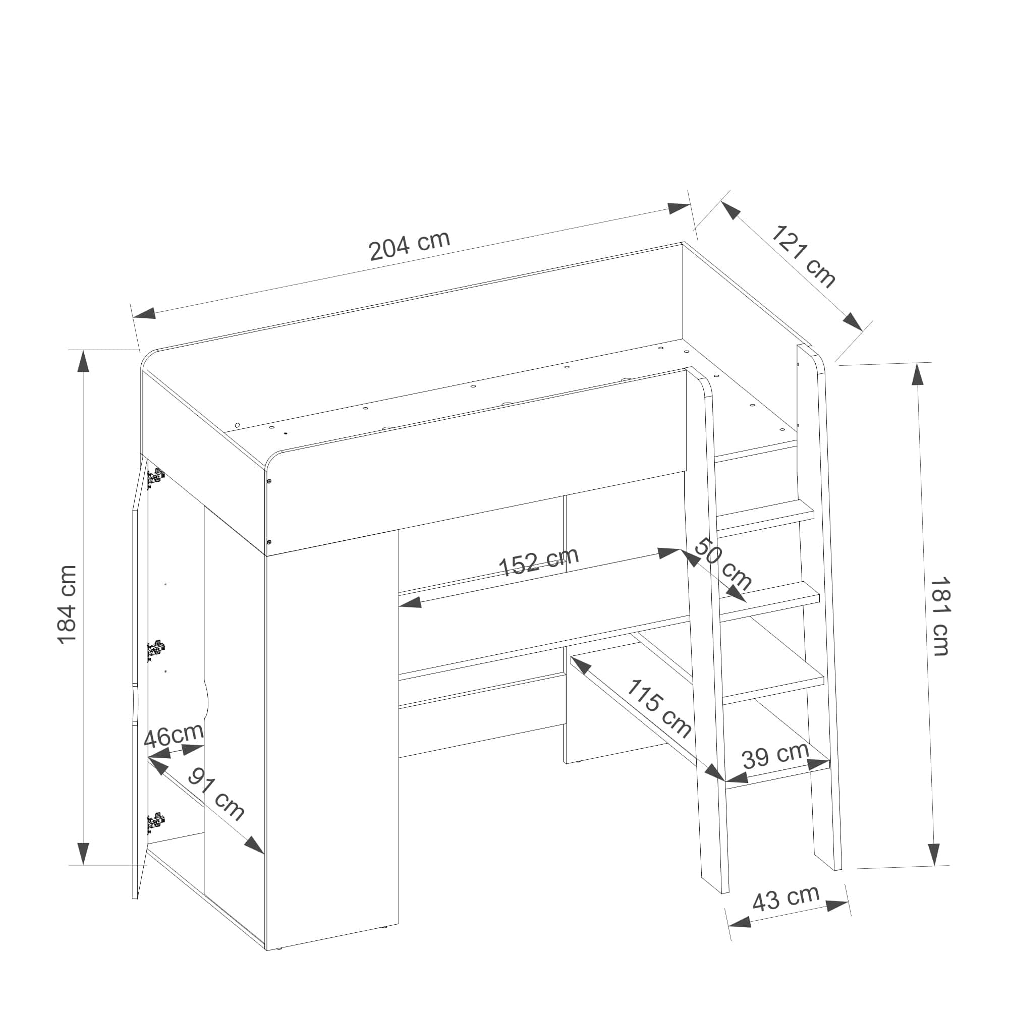 Letto a castello per bambini/adolescenti con scrivania, scaffale e armadio integrati om TO 01 Bianco, 90 x 200 cm (5)