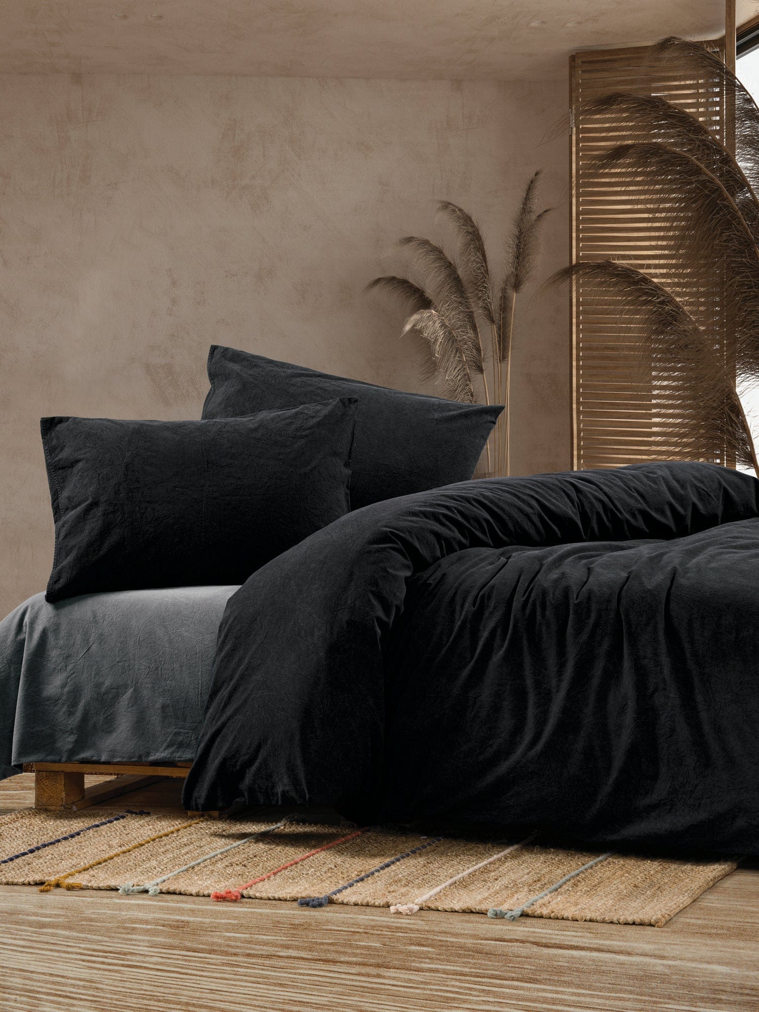 Asir Biancheria Da Letto di cotone Crash Nero, 200 x 220 cm