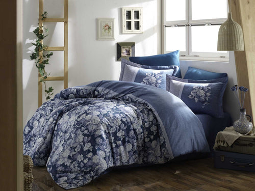 Asir Biancheria Da Letto Di Cotone Raso Amalia Blu, 200 x 220 cm
