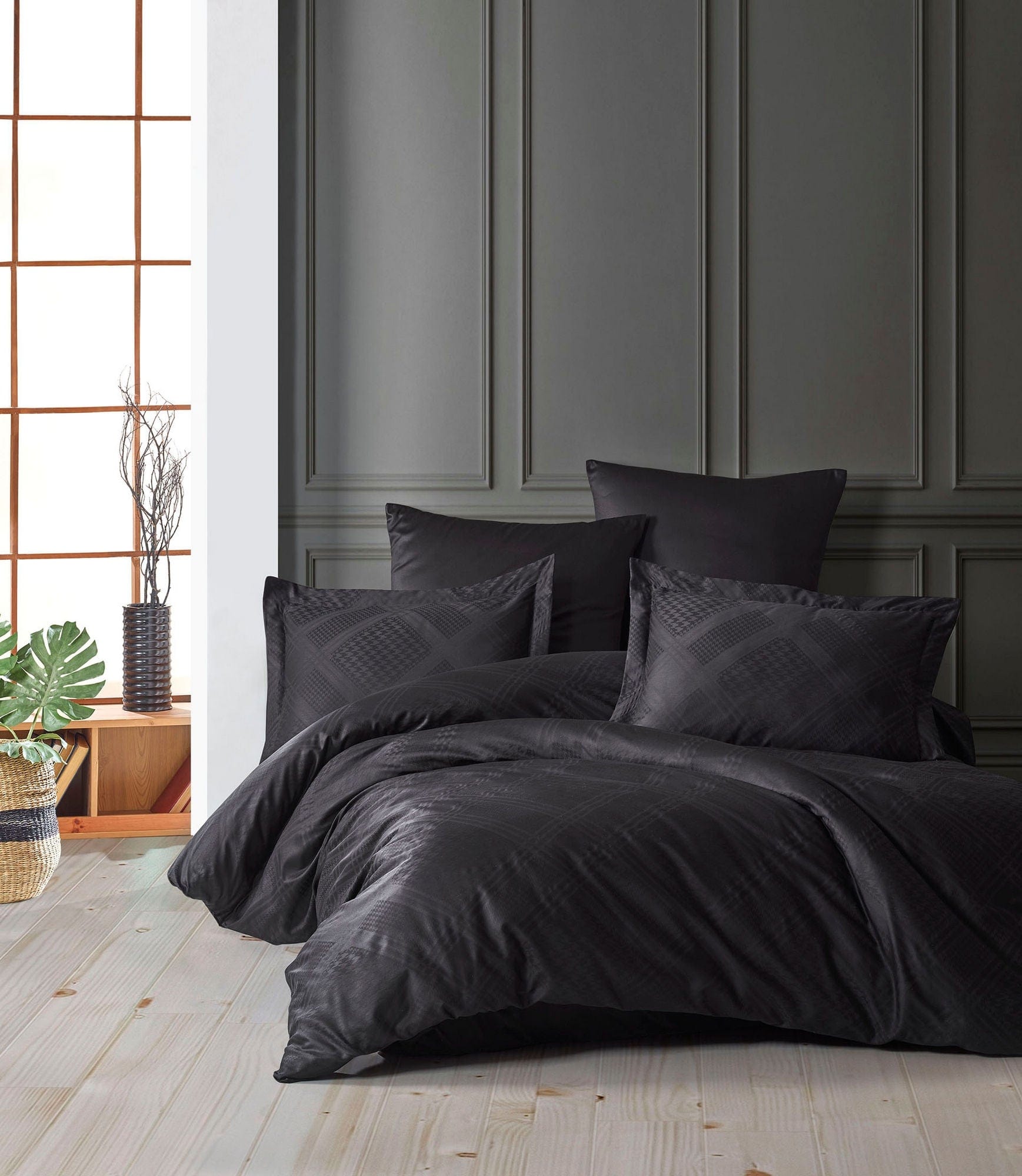 Asir Biancheria Da Letto Di Cotone Raso Evans Nero, 200 x 220 cm