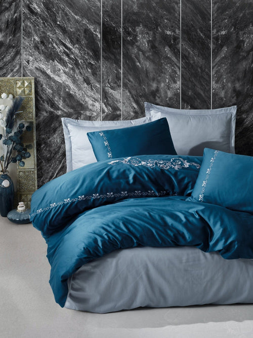 Asir Biancheria Da Letto Di Cotone Raso Gloria Blu, 200 x 220 cm