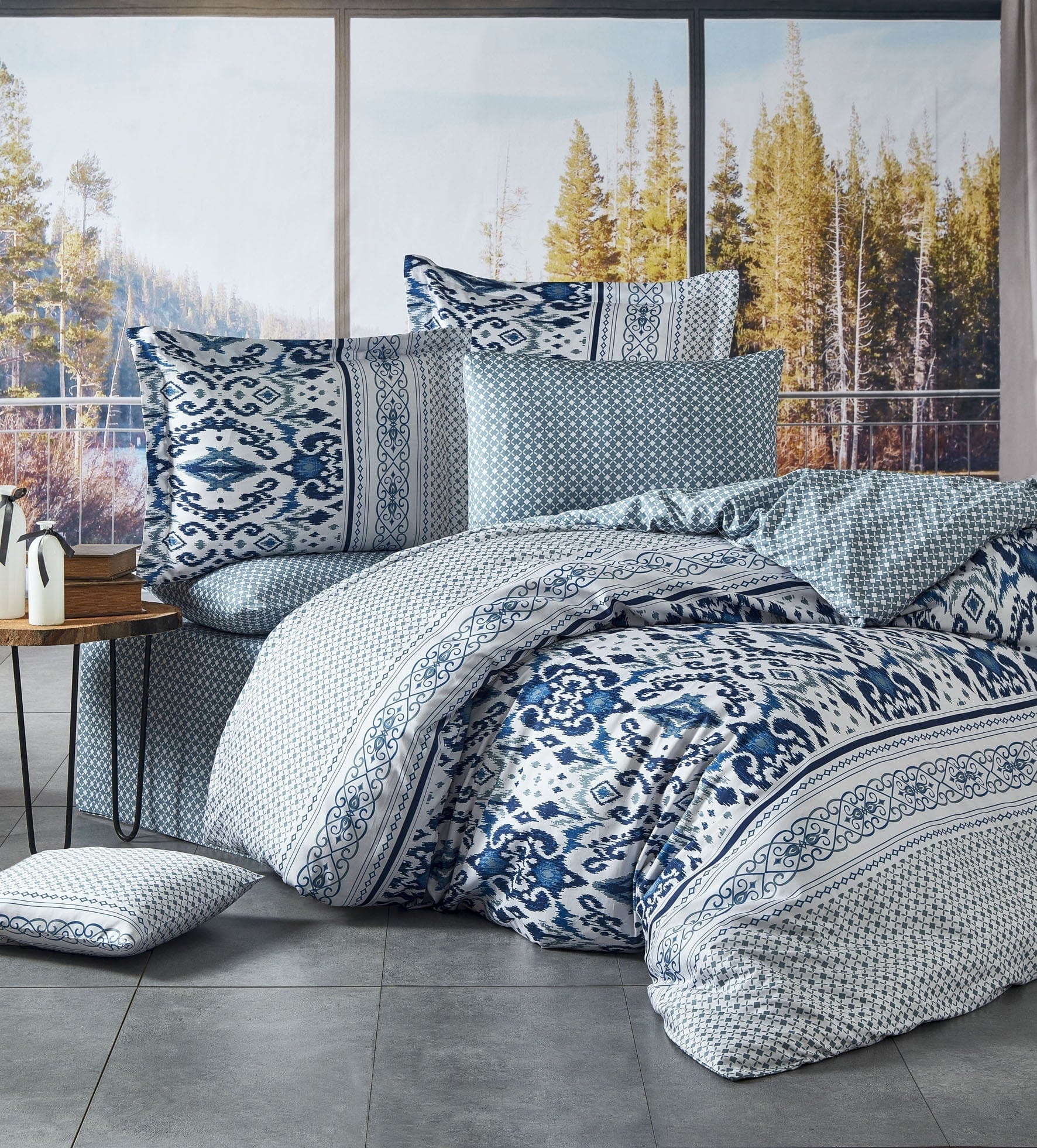 Asir Biancheria Da Letto Di Cotone Raso Kirlow Blu, 200 x 220 cm