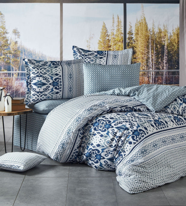 Asir Biancheria Da Letto Di Cotone Raso Kirlow Blu, 200 x 220 cm