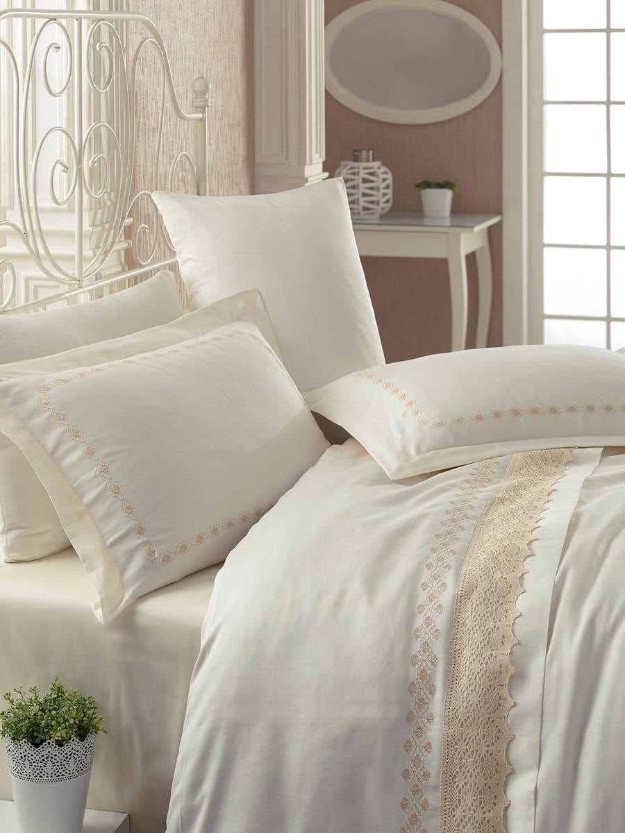 Asir Biancheria Da Letto Di Cotone Raso Premium Lace Avorio, 200 x 220 cm