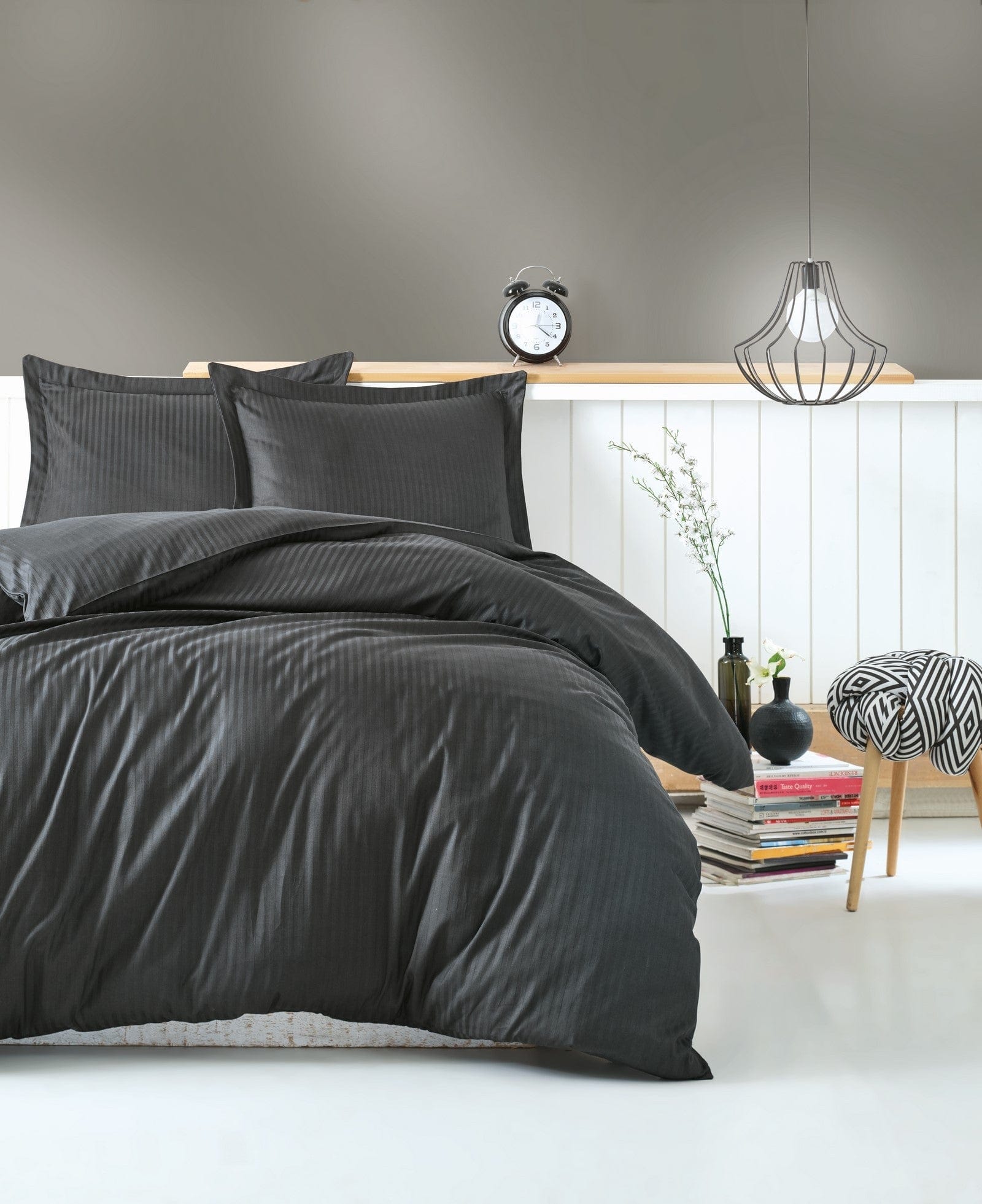 Asir Biancheria Da Letto Di Cotone Raso Premium Stripe Antracite, 200 x 220 cm
