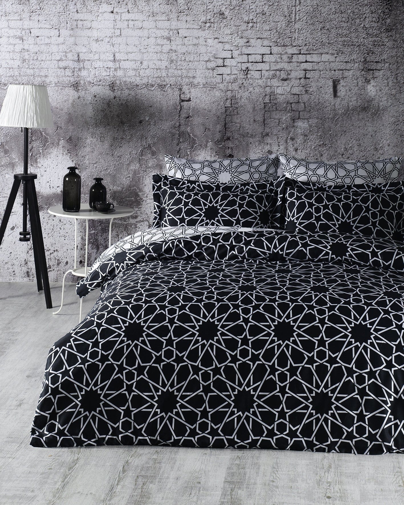 Biancheria Da Letto Di Cotone Raso Stella Bianco e Nero, 200 x 220 cm