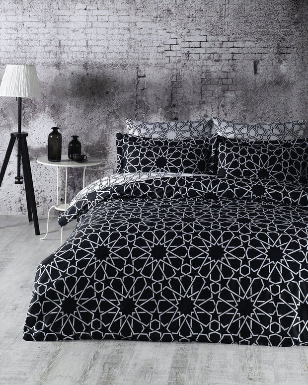 Biancheria Da Letto Di Cotone Raso Stella Bianco e Nero, 200 x 220 cm
