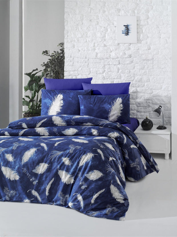 Asir Biancheria Da Letto Ranforce di cotone Feather Blu, 200 x 220 cm