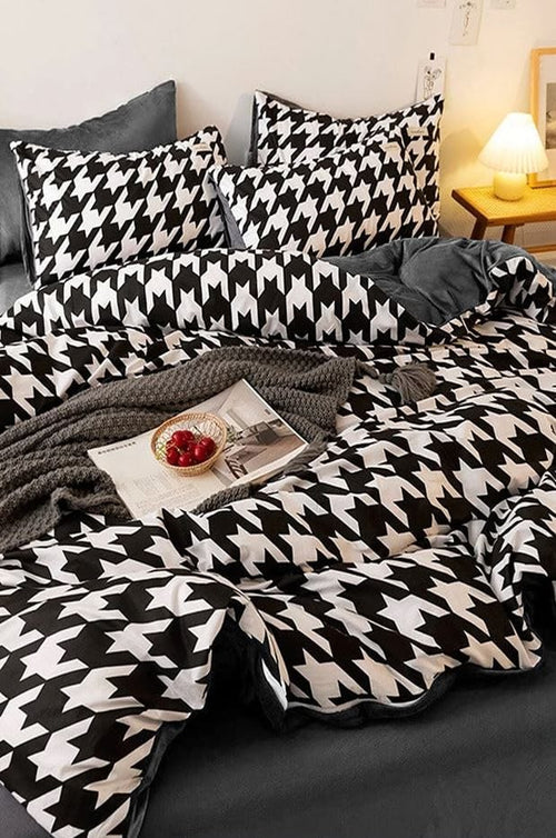 Hillkar Global Biancheria Da Letto Ranforce di cotone Houndstooth Bianco e Nero, 200 x 220 cm
