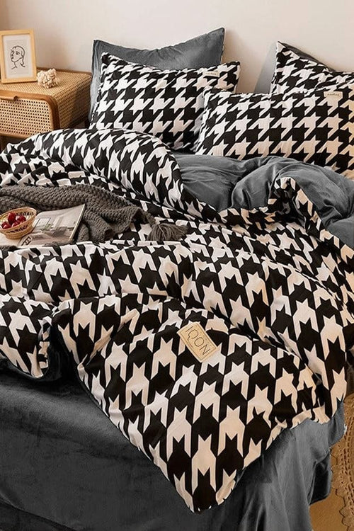 Hillkar Global Biancheria Da Letto Ranforce di cotone Houndstooth Bianco e Nero, 200 x 220 cm
