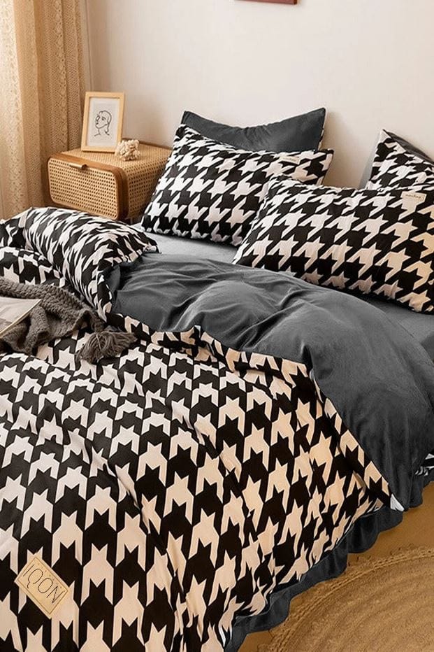 Hillkar Global Biancheria Da Letto Ranforce di cotone Houndstooth Bianco e Nero, 200 x 220 cm