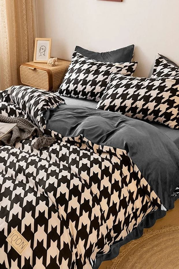 Hillkar Global Biancheria Da Letto Ranforce di cotone Houndstooth Bianco e Nero, 200 x 220 cm