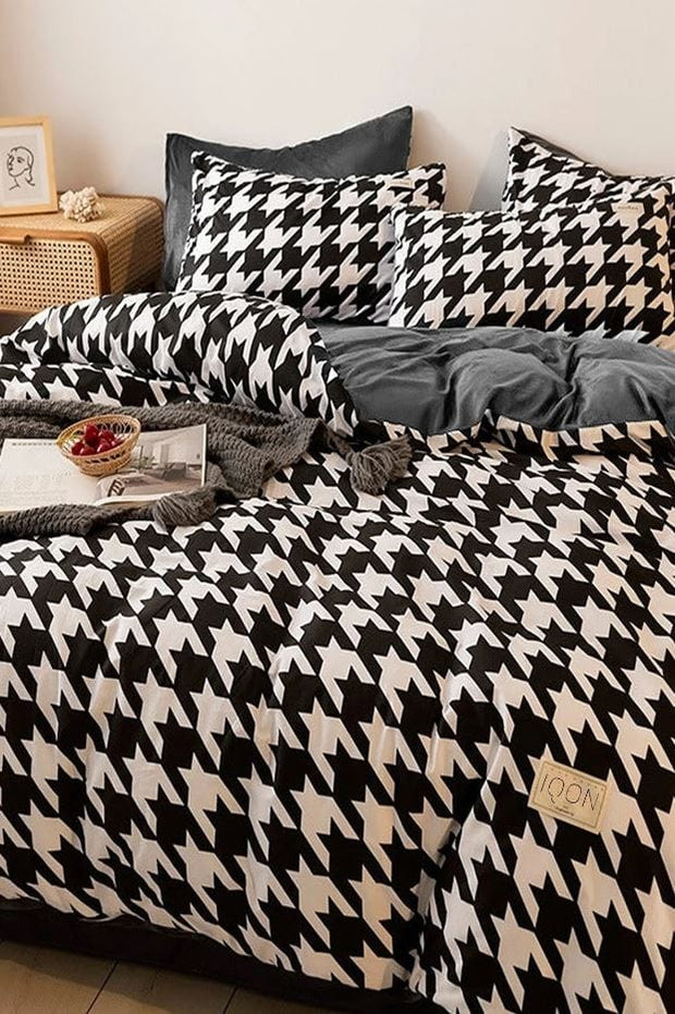 Hillkar Global Biancheria Da Letto Ranforce di cotone Houndstooth Bianco e Nero, 200 x 220 cm
