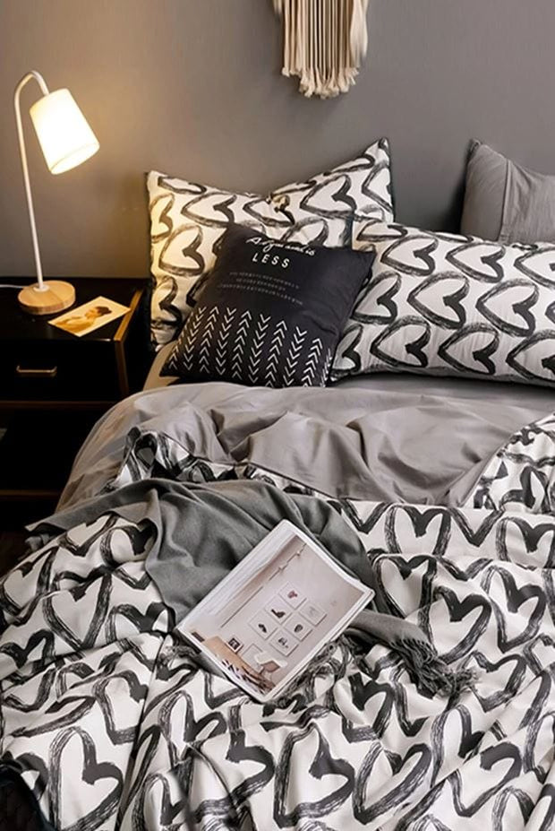 Hillkar Global Biancheria Da Letto Ranforce di cotone Love Bianco e Nero, 200 x 220 cm