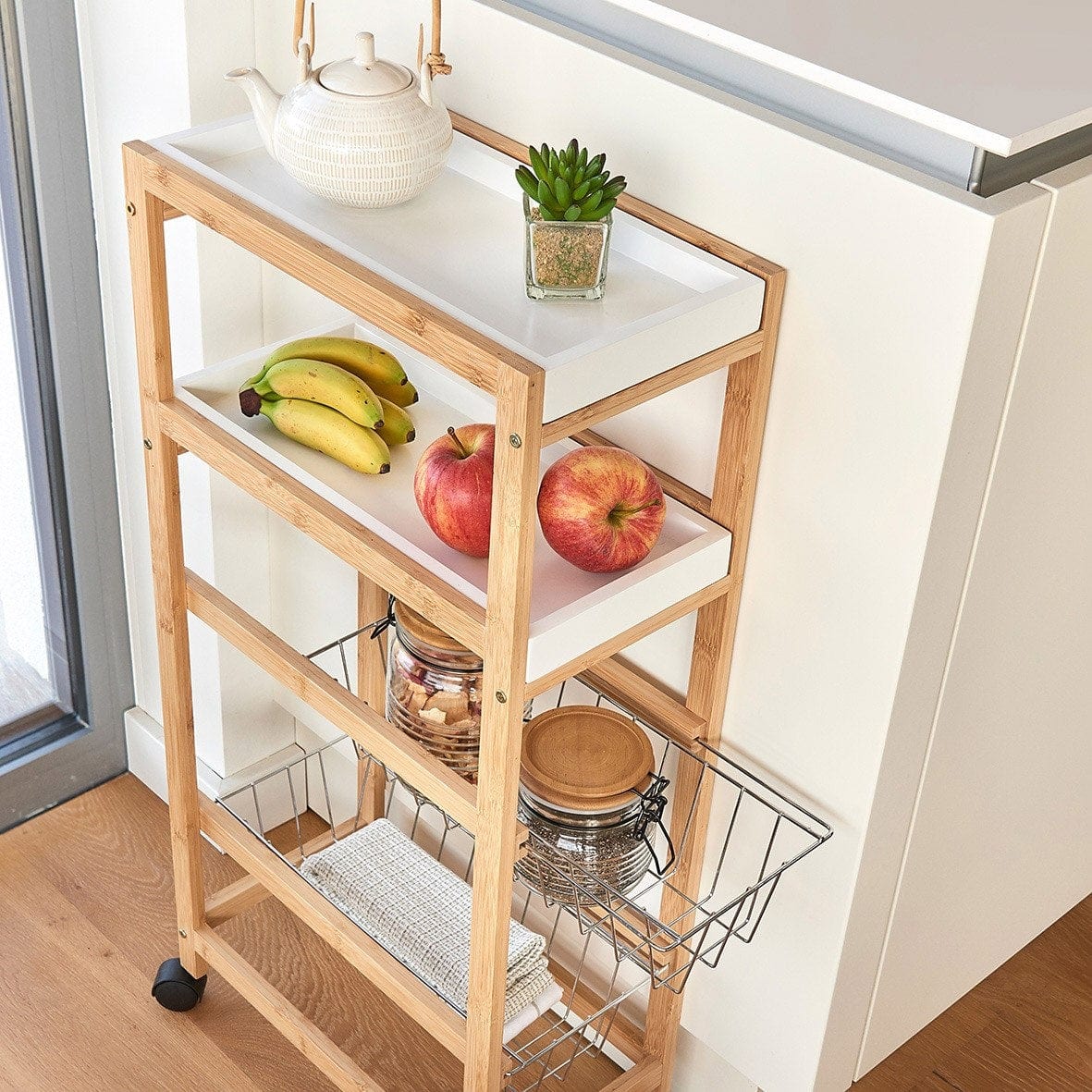 Zeller Carrello da cucina con 4 vani portaoggetti, MDF di bambù naturale, l40xl22xh83 cm
