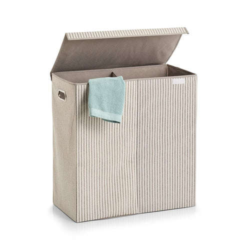 Zeller Cesto portabiancheria con coperchio e 2 scomparti, in pile, a righe beige, l61,5xL31xH63 cm