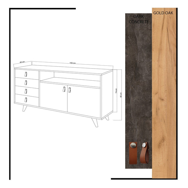 Asir Credenza con 4 cassetti e 2 ante Pagina Grigio