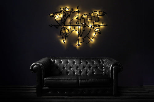 Asir Decorazione da parete con illuminazione Led World Map Compass Nero
