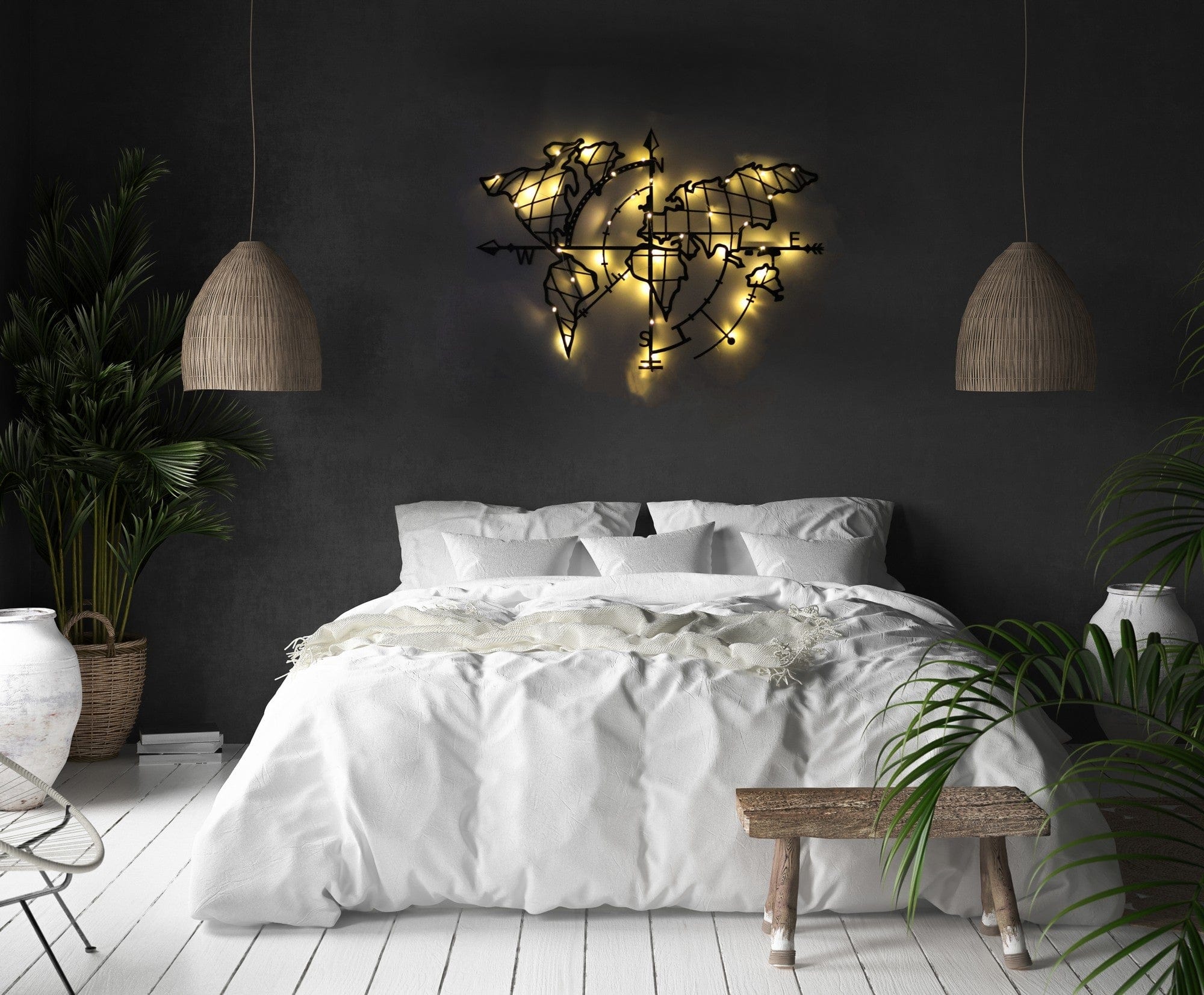 Decorazione da parete con illuminazione Led World Map Compass Nero (4)