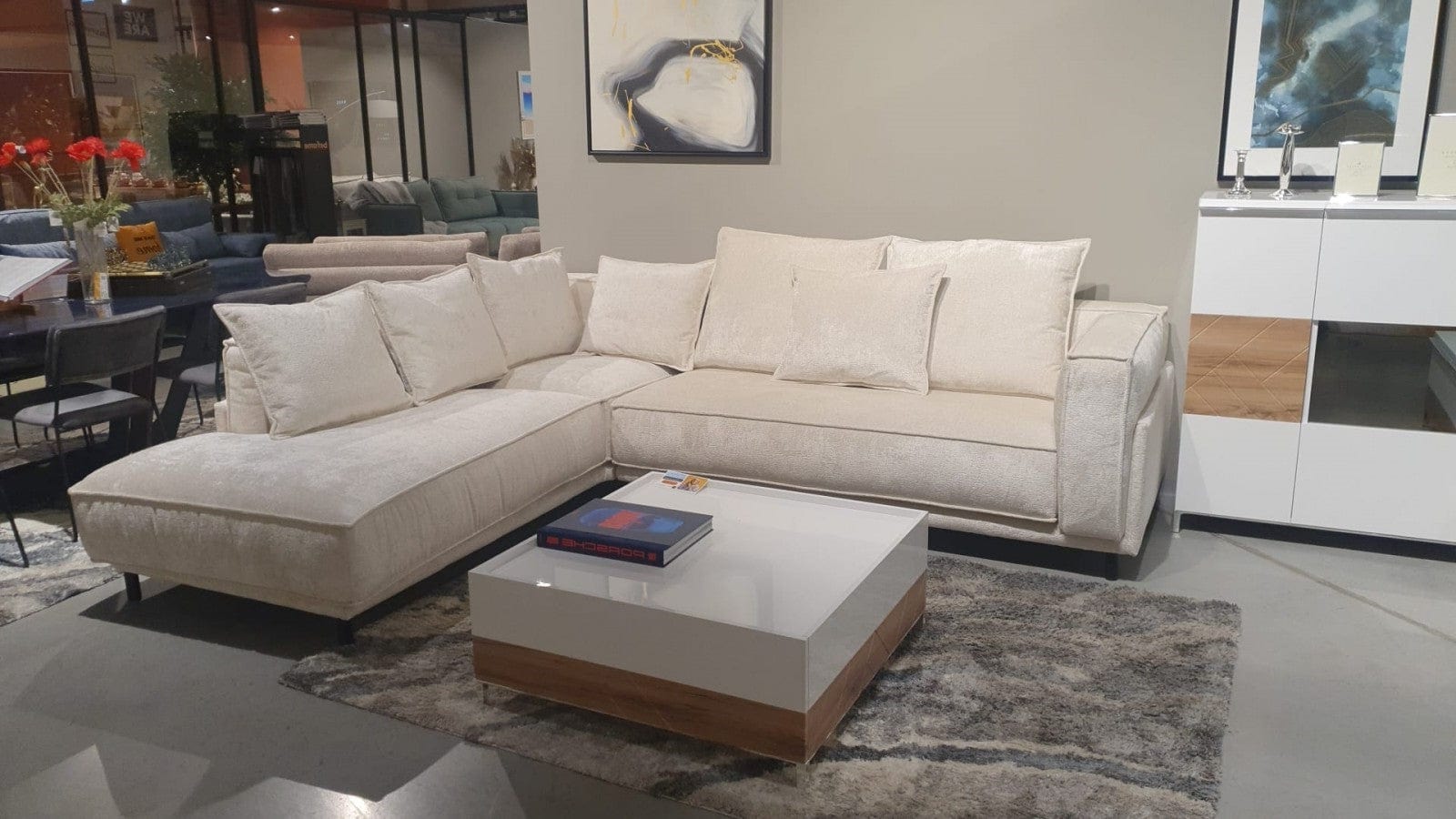 Divano Angolare a sinistro 5 posti in tessuto Laur Set 2 Crema