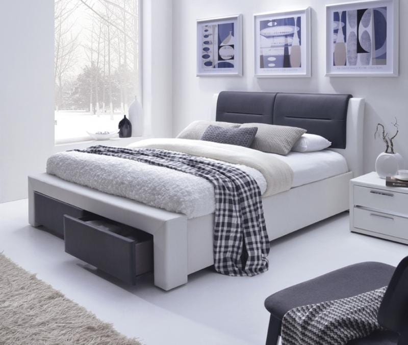 Letto imbottito con 2 cassetti Cassie-S Bianco e Nero