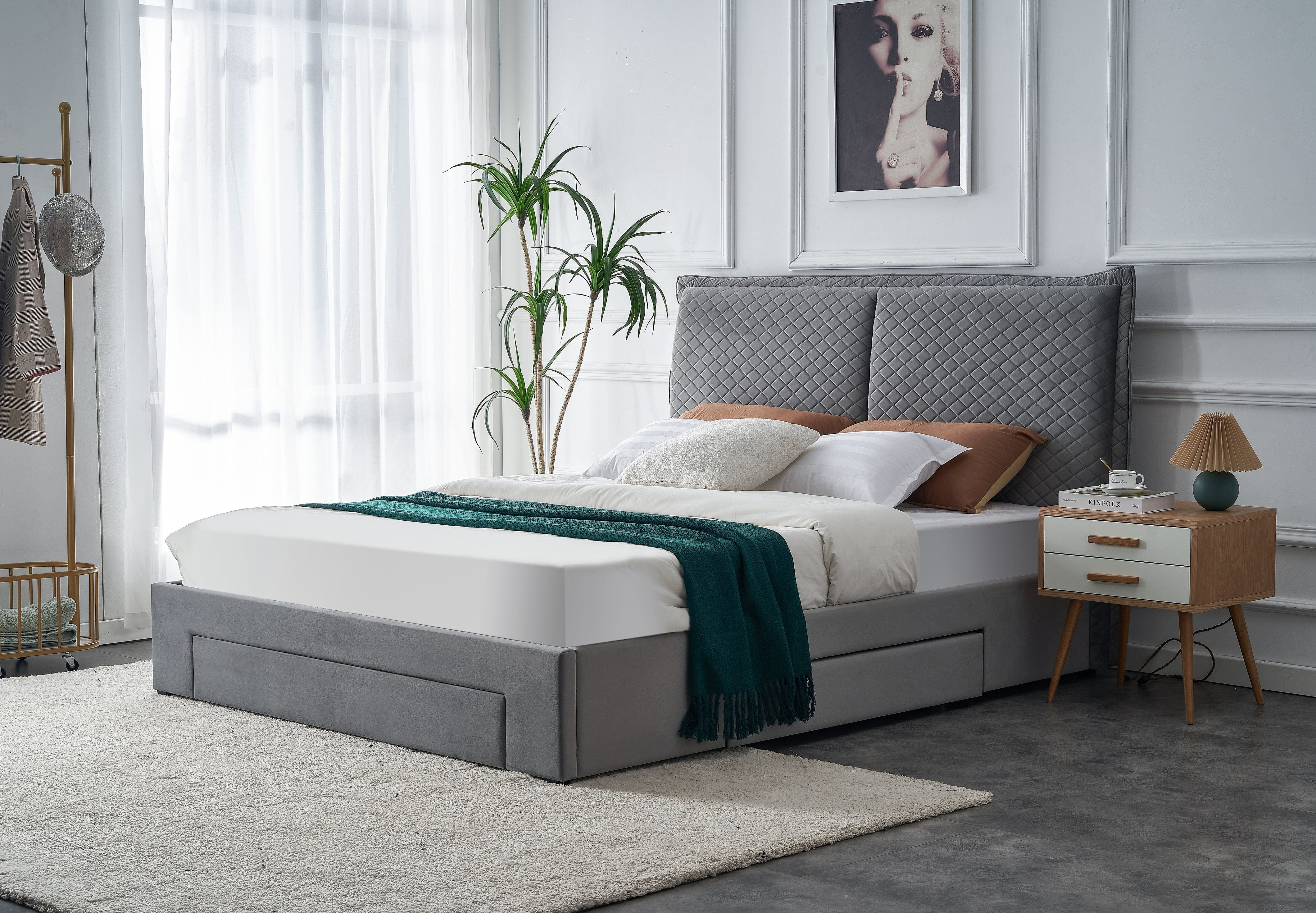 Halmar Letto imbottito con 3 cassetti in velluto Becky Grigio