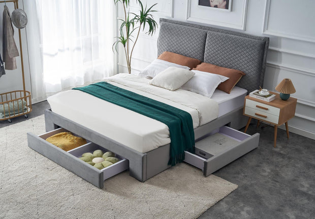 Halmar Letto imbottito con 3 cassetti in velluto Becky Grigio