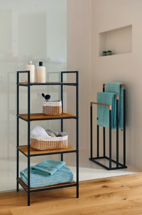 Mensola alta per il bagno, Bambù Metallo Nero, l39xL33xH95 cm (2)