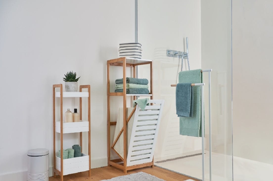 Mensola per bagno in bambù e MDF, supporto bianco/naturale, l28xl20xh74 cm (2)