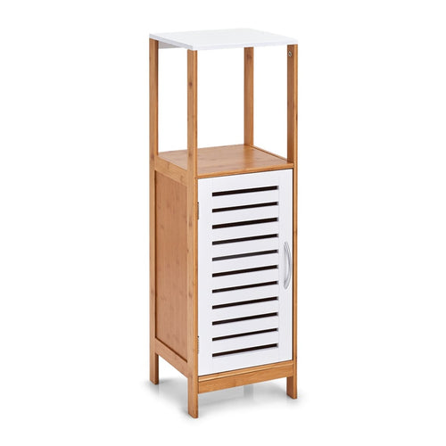 Zeller Mobiletto da bagno a 1 anta, bambù e MDF, bianco / supporto naturale, l30xl30xh96 cm