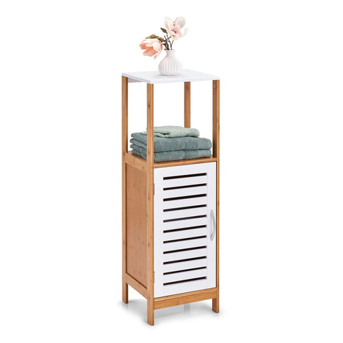 Zeller Mobiletto da bagno a 1 anta, bambù e MDF, bianco / supporto naturale, l30xl30xh96 cm