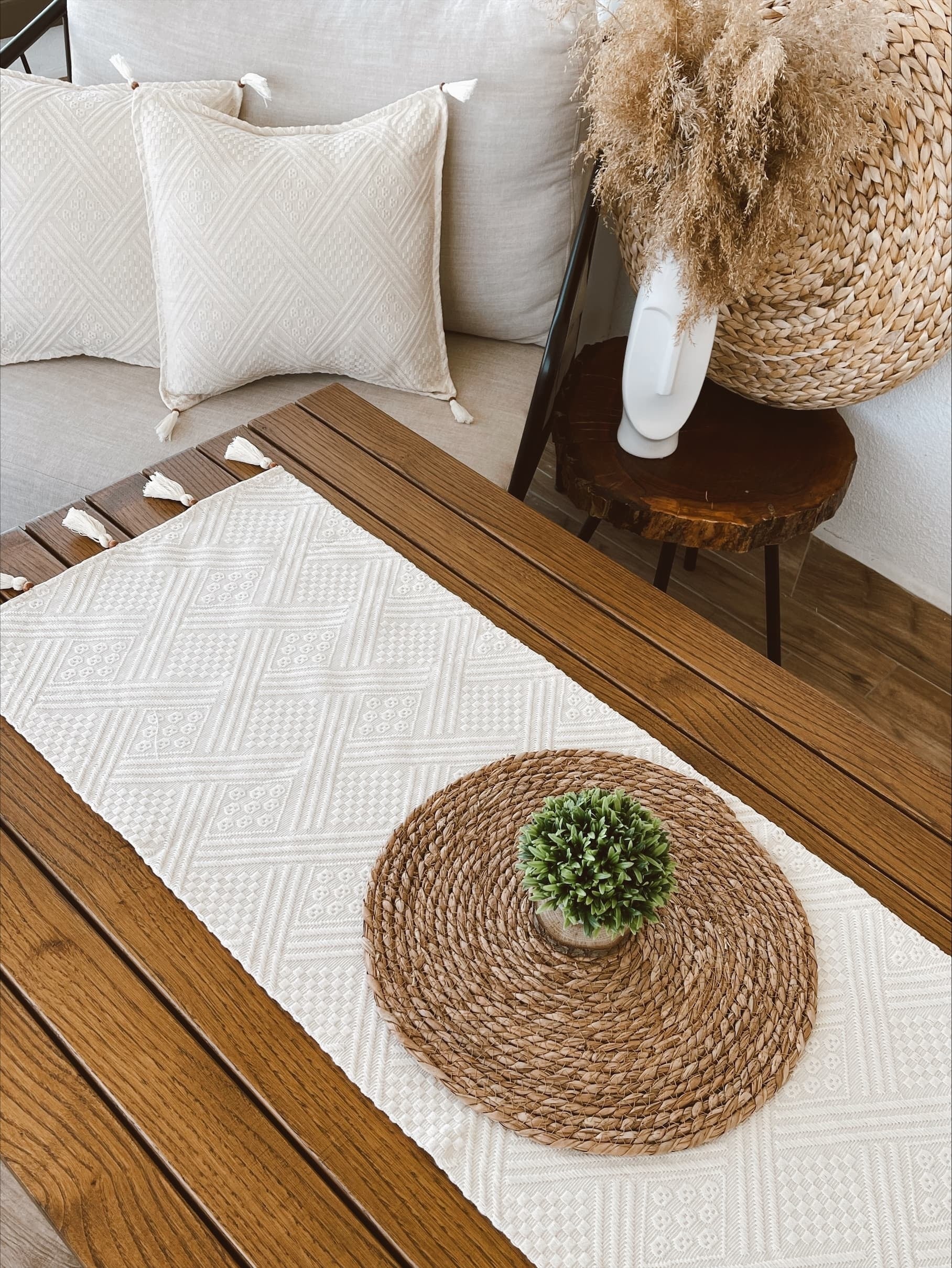Runner da tavola in cotone Authentic Crema, 42 x 135 cm