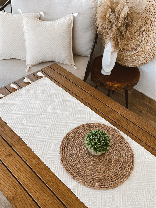 Runner da tavola in cotone Authentic Crema, 42 x 135 cm