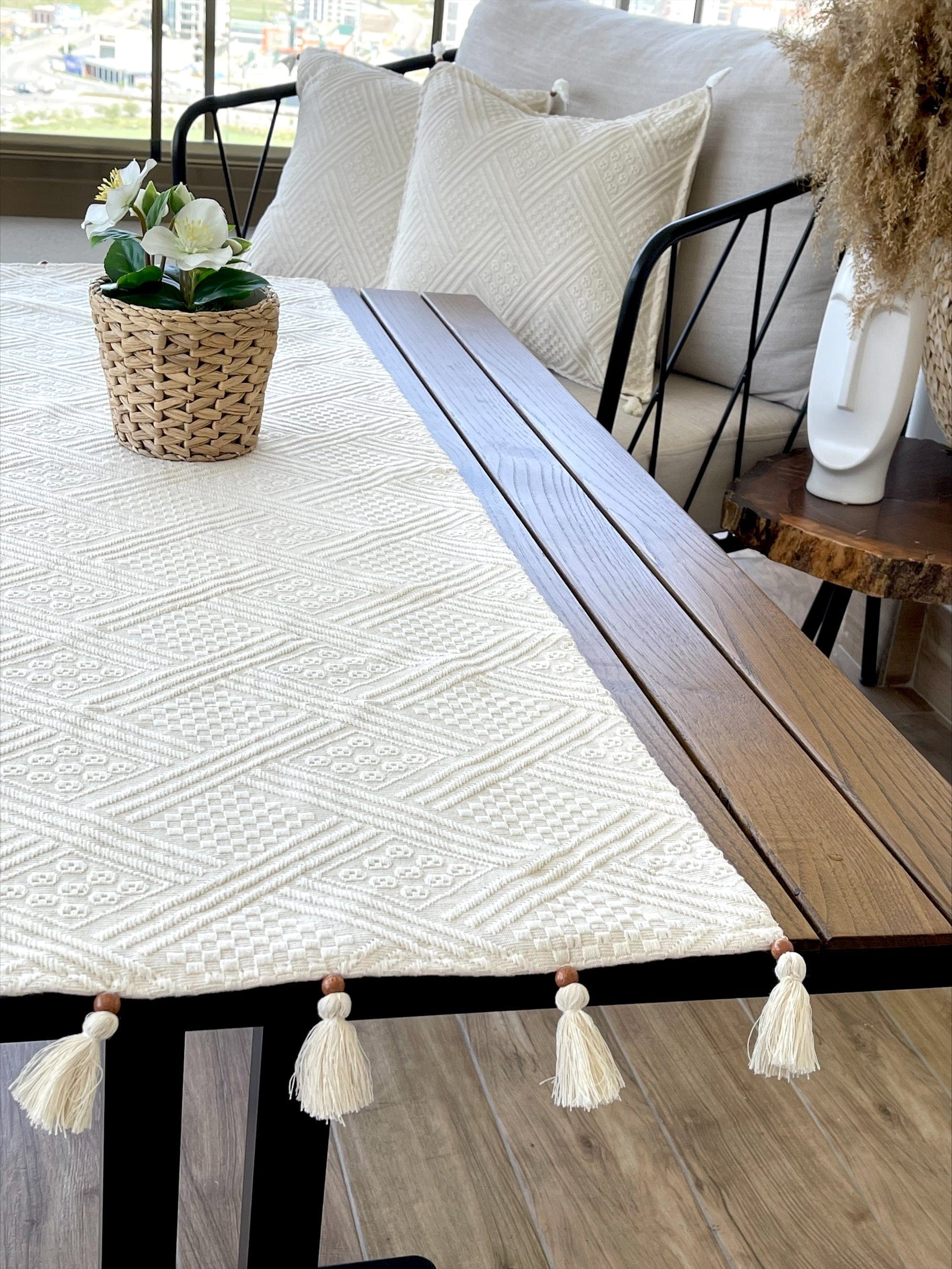 Runner da tavola in cotone Authentic Crema, 42 x 135 cm (3)