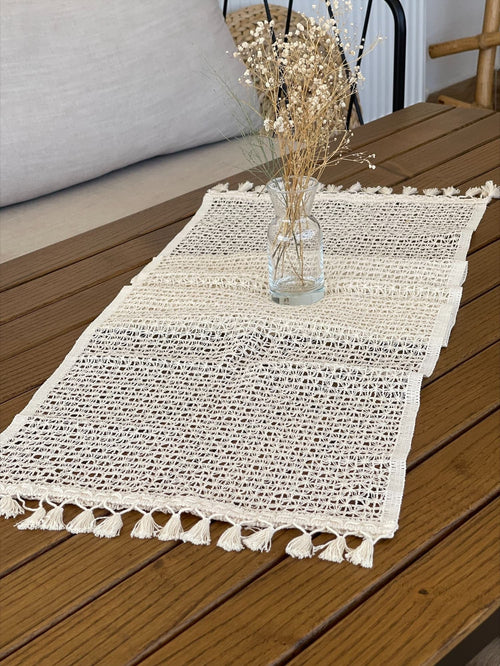 Runner da tavola in cotone Tulle Avorio, 35 x 145 cm
