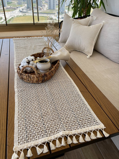 Runner da tavola in cotone Tulle Avorio, 35 x 145 cm (1)
