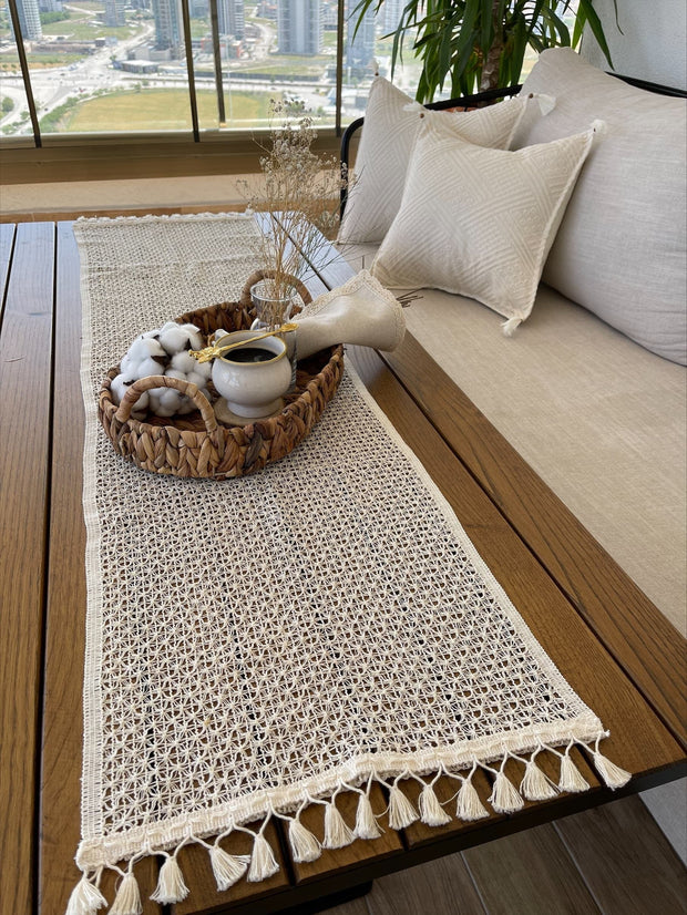 Runner da tavola in cotone Tulle Avorio, 35 x 145 cm (1)