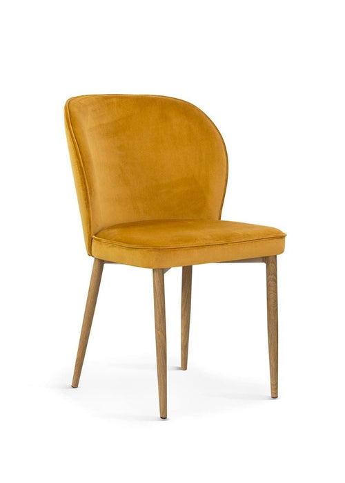 Sedia imbottita con tessuto e gambe in metallo, Aine Velvet Mustard / Oak, l54xL60xH87 cm