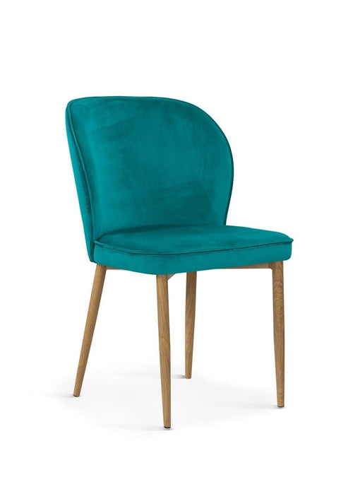 Sedia imbottita con tessuto e gambe in metallo, Aine Velvet Turquoise / Oak, l54xL60xH87 cm