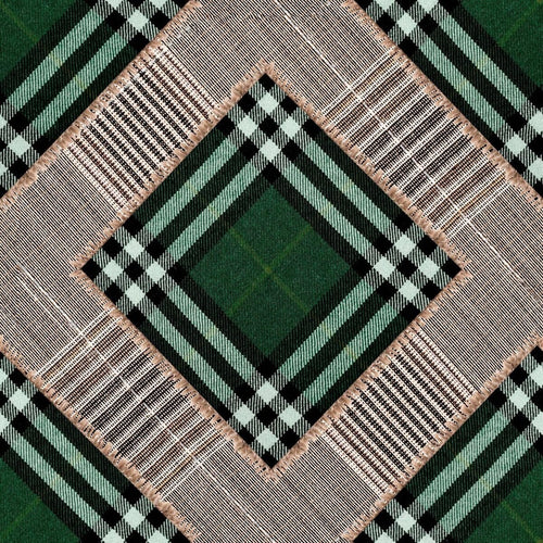 Set 3 rotoli Carta da parati stampata in digitale Patchwork a scacchi verde inglese