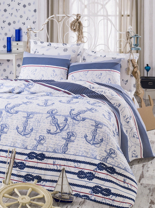 Set Copriletto con lenzuolo e 2 federe per cuscini Ancora Blu, 200 x 235 cm