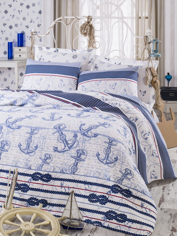 Set Copriletto con lenzuolo e 2 federe per cuscini Ancora Blu, 200 x 235 cm