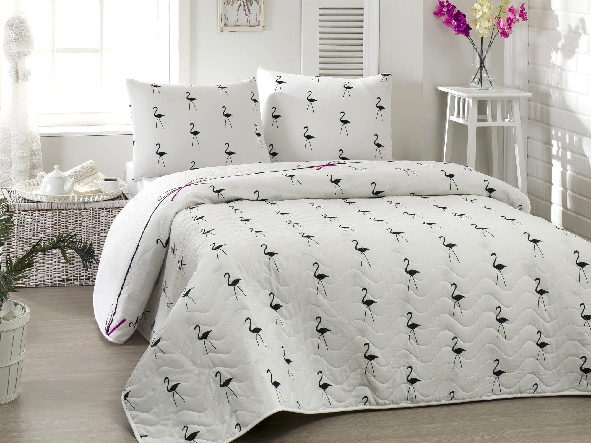 Set Copriletto e 2 federe per cuscini Flamingo Bianco e Nero, 200 x 220 cm