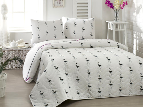 Set Copriletto e 2 federe per cuscini Flamingo Bianco e Nero, 200 x 220 cm