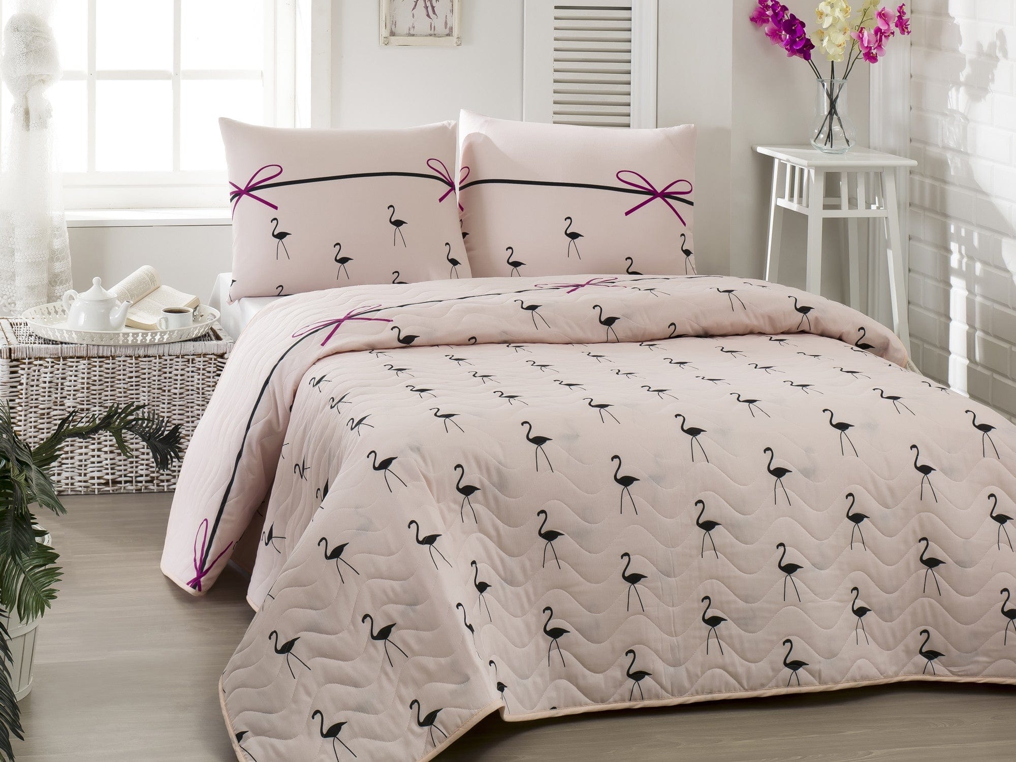 Set Copriletto e 2 federe per cuscini Flamingo Rosa, 200 x 220 cm