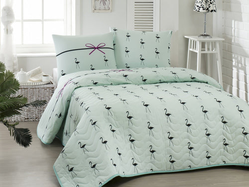 Set Copriletto e 2 federe per cuscini Flamingo Verde, 200 x 220 cm