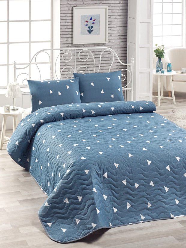 Set Copriletto e 2 federe per cuscini Triunghi Blu, 200 x 220 cm
