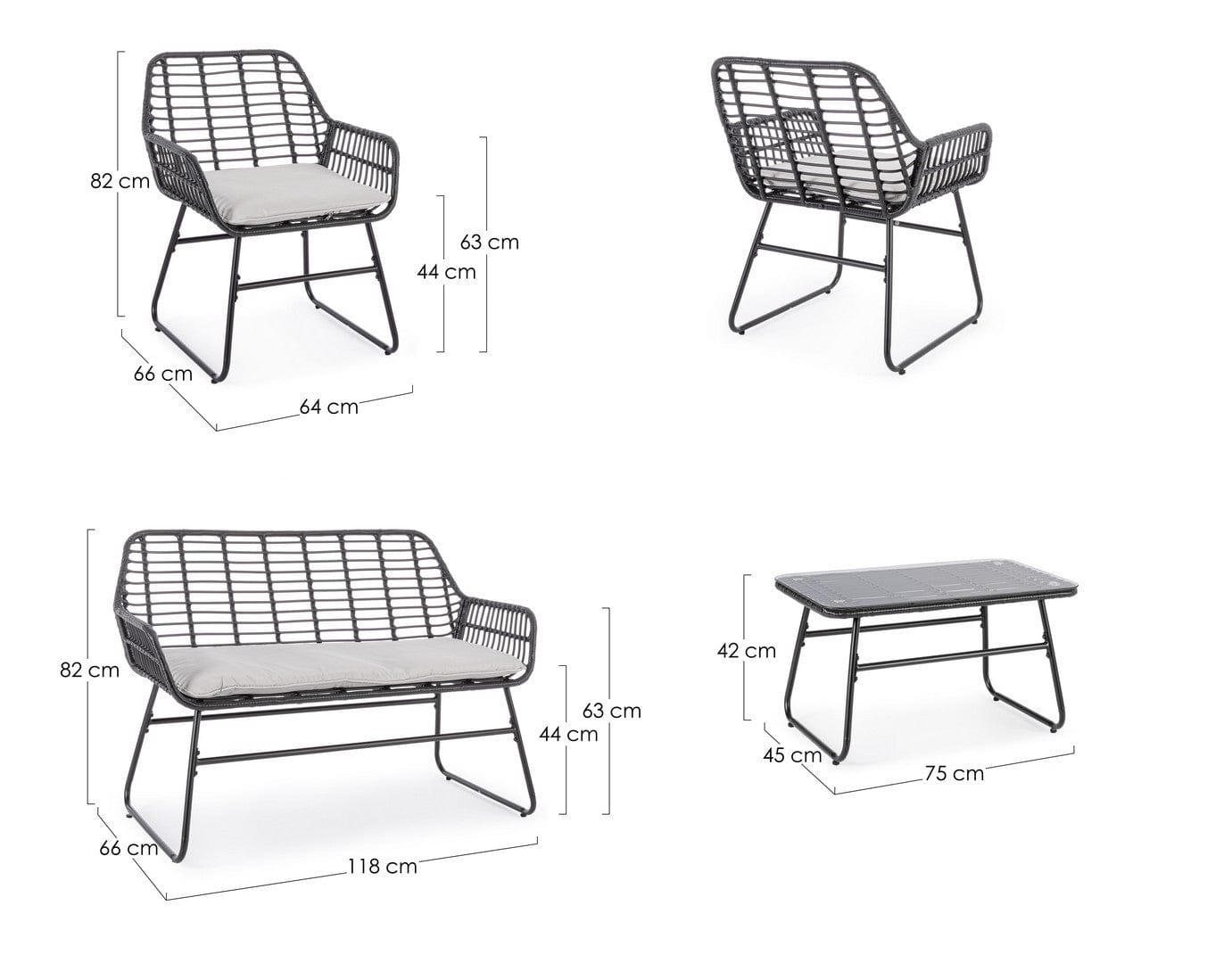 Bizzotto Set da giardino 4 posti con tavolino Burrel Nero