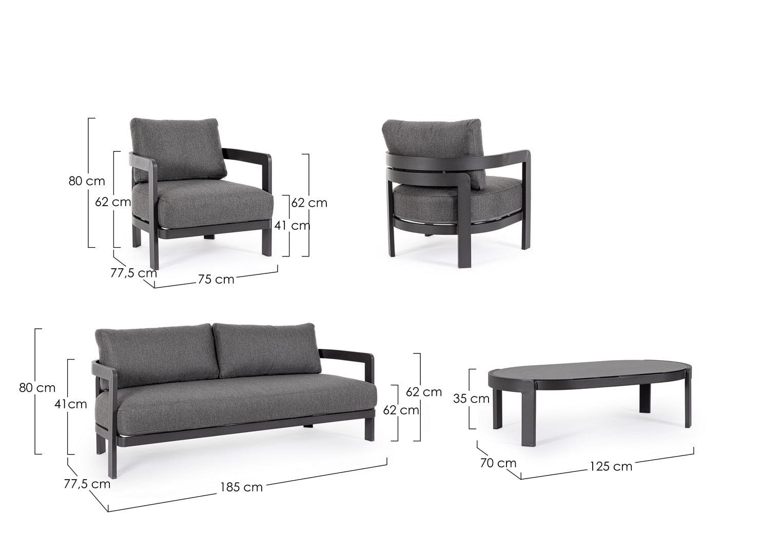 Bizzotto Set da giardino 4 posti con tavolino Presley Antracite